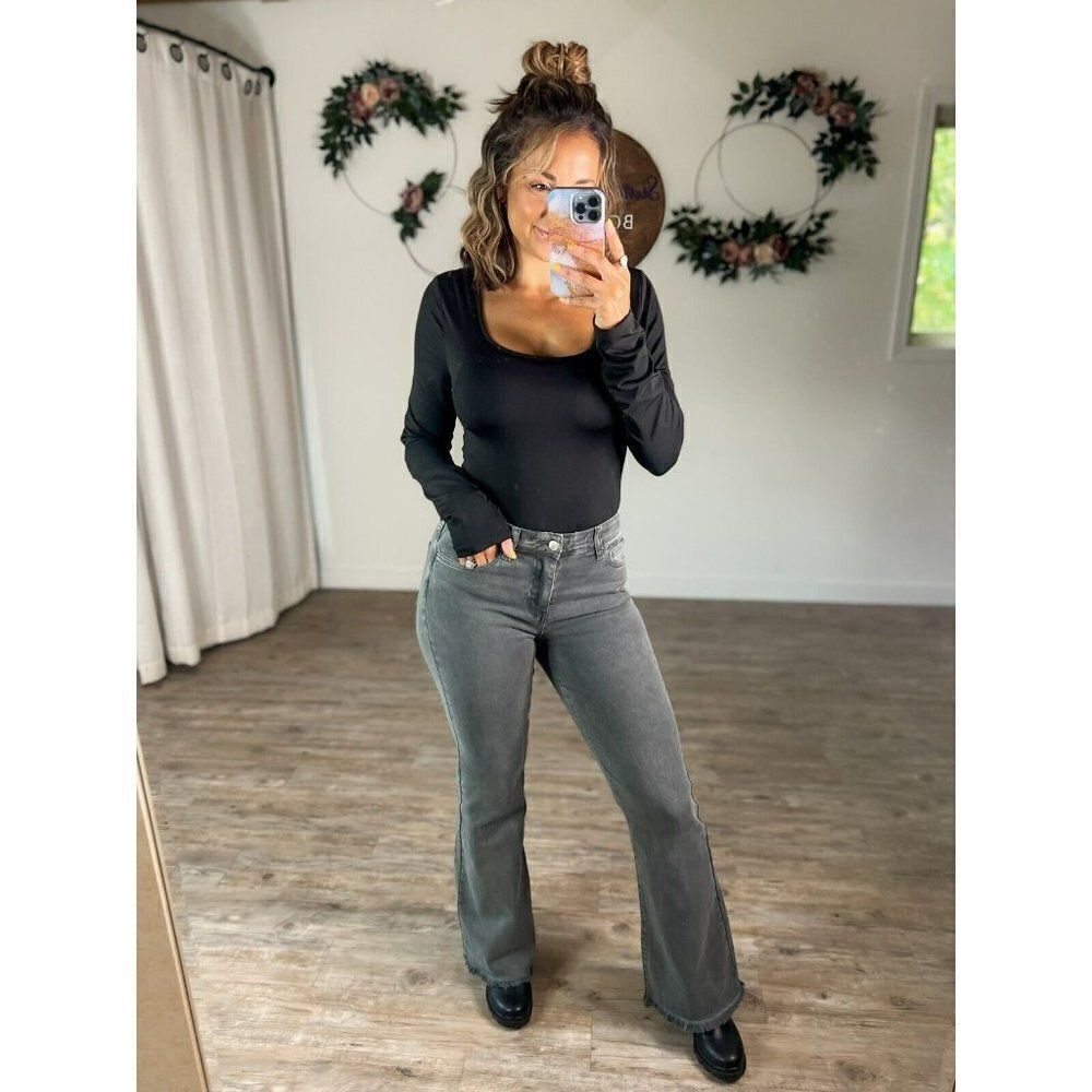 Zenana It's About Time Colored Denim Flares in Ash Black DMP-1846A - Picture 4 of 9
